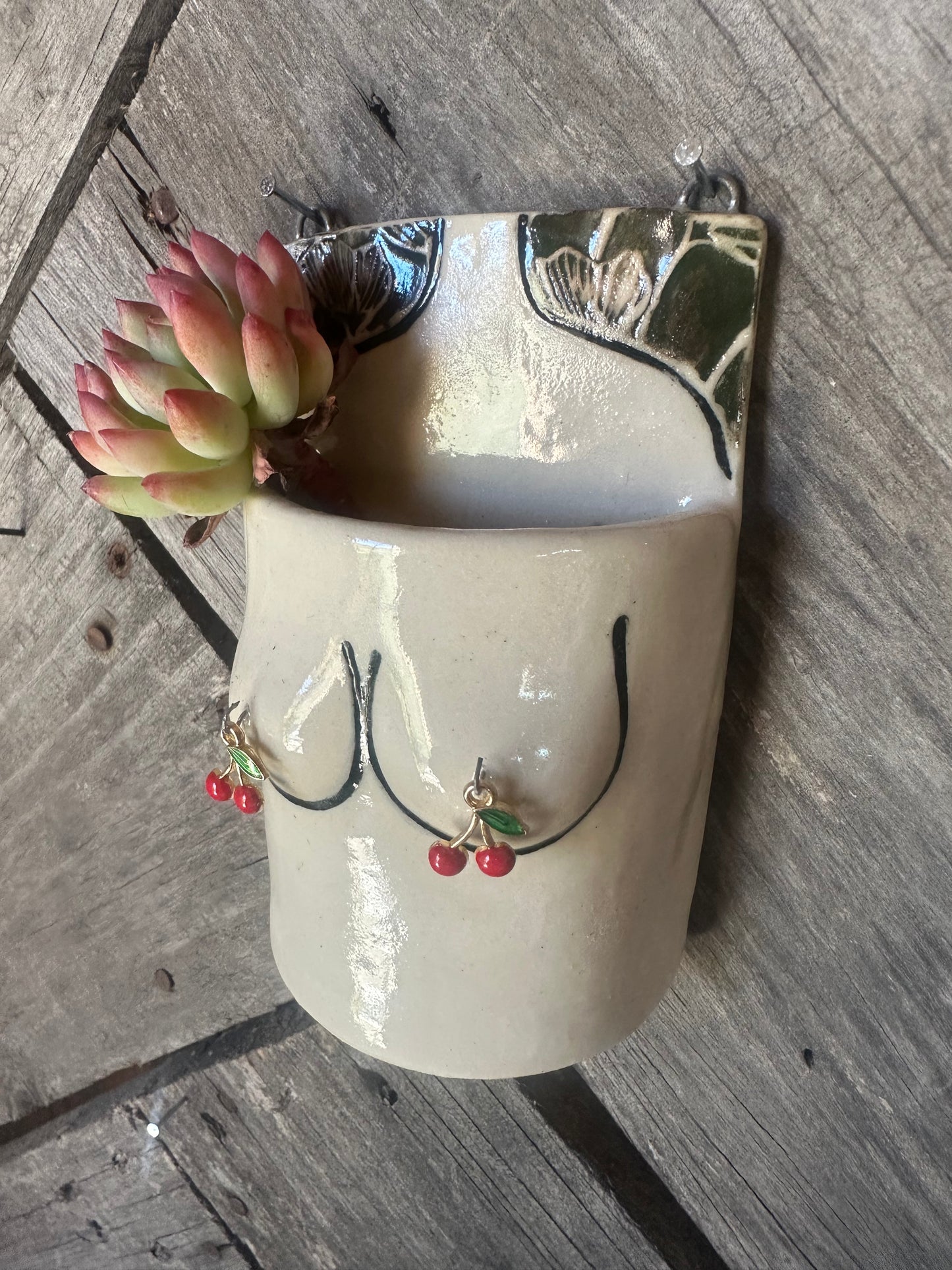 Mini Boob Wall Art Planter/Vase | White | Cherries 2.5x4”