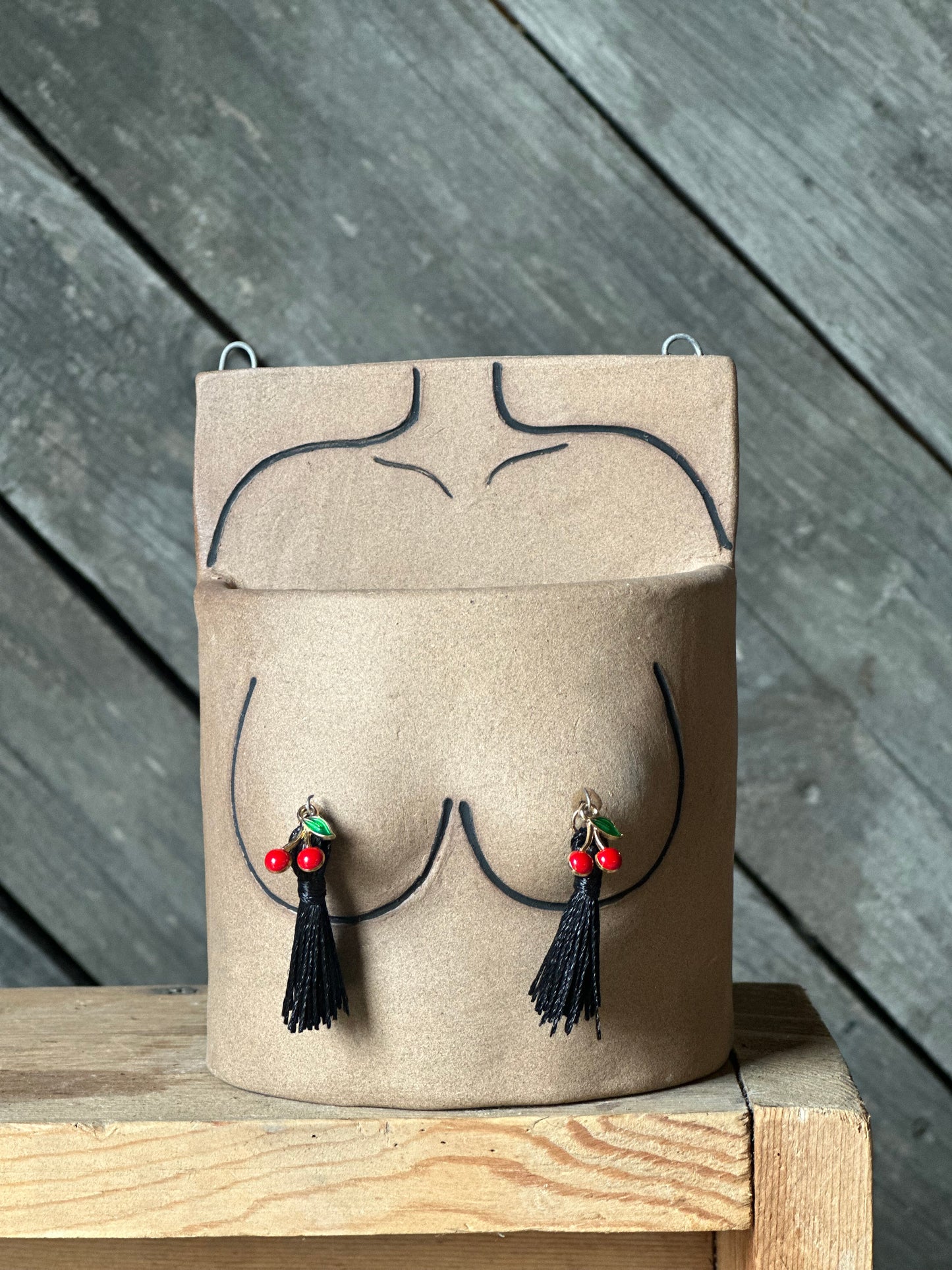 Boob Wall Art Planter w/ drainage | Dark skin | Cherries 5”