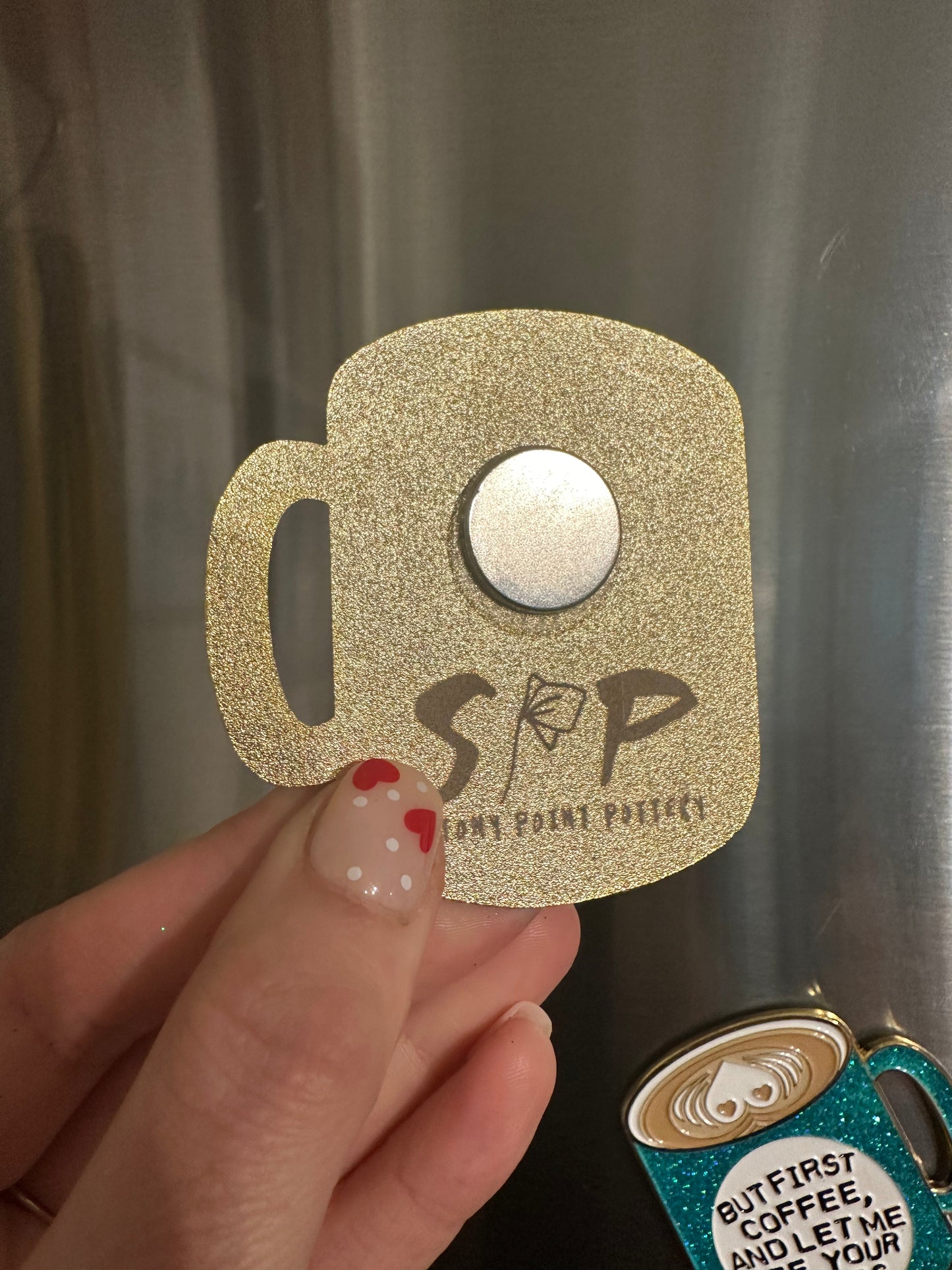 But first coffee, and let me see your boobs” metal fridge magnet 2.75”