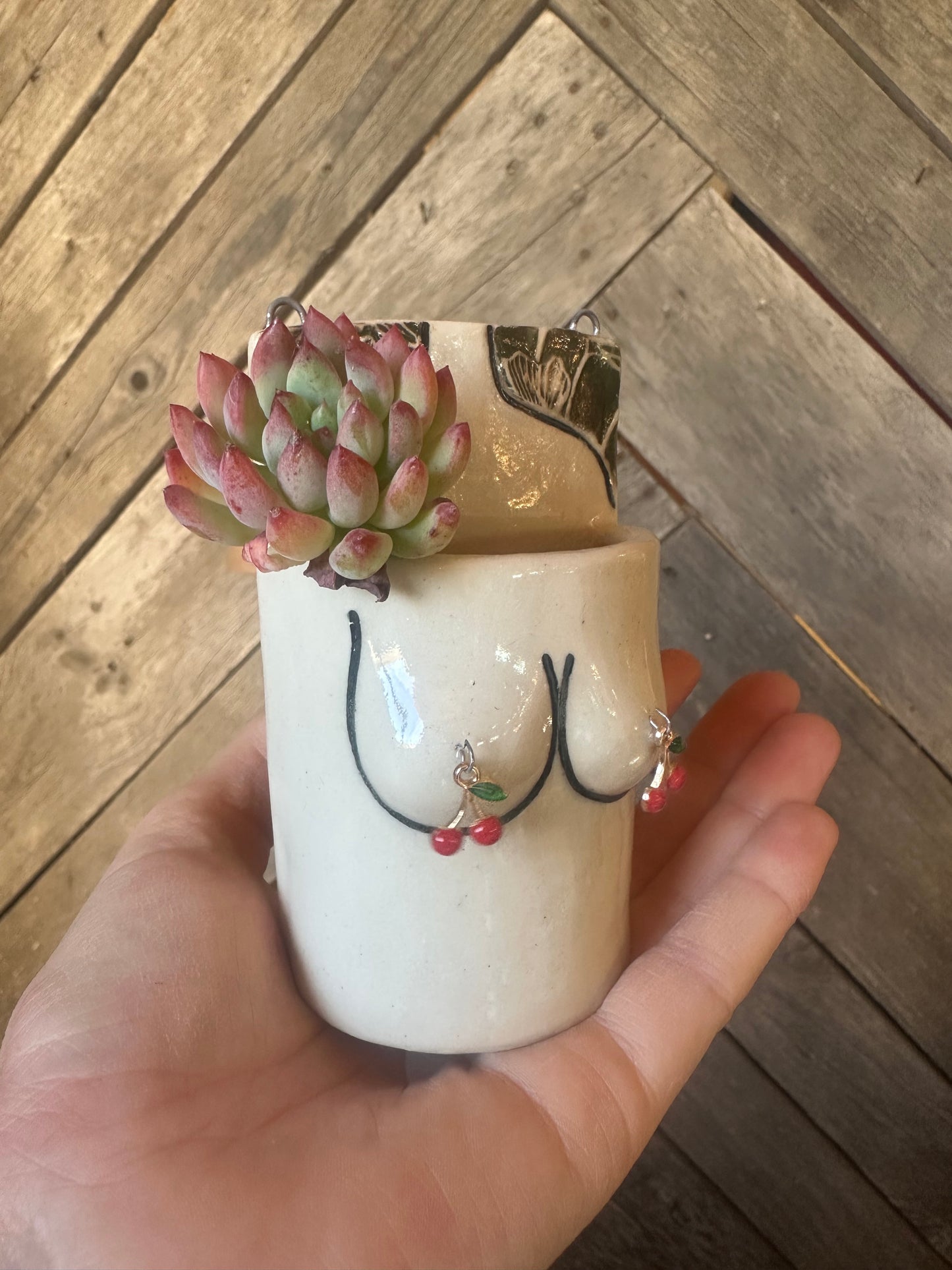 Mini Boob Wall Art Planter/Vase | White | Cherries 2.5x4”