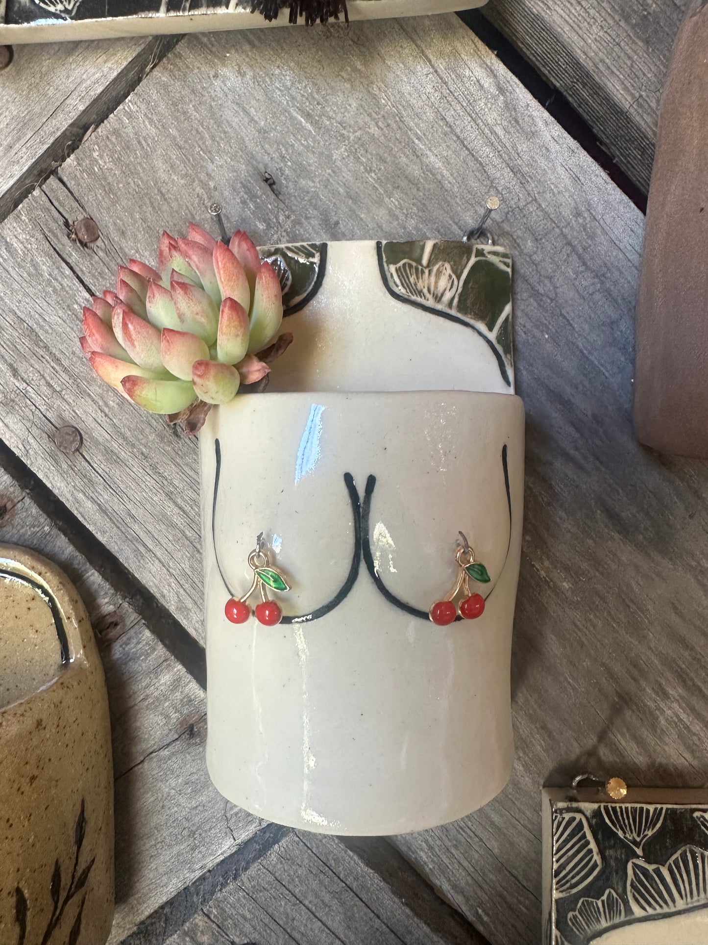 Mini Boob Wall Art Planter/Vase | White | Cherries 2.5x4”