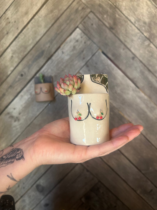 Mini Boob Wall Art Planter/Vase | White | Cherries 2.5x4”