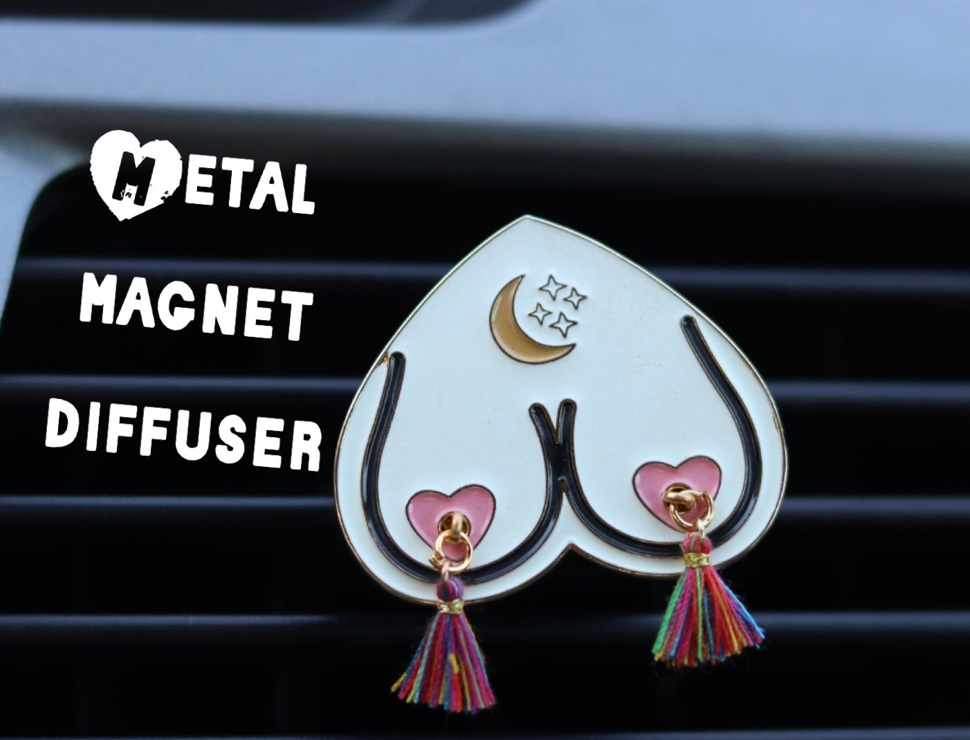 Glow in the Dark! Bewbie Tassel Felt Car Freshener | Magnet | White/crescent w/ stars 1.5"