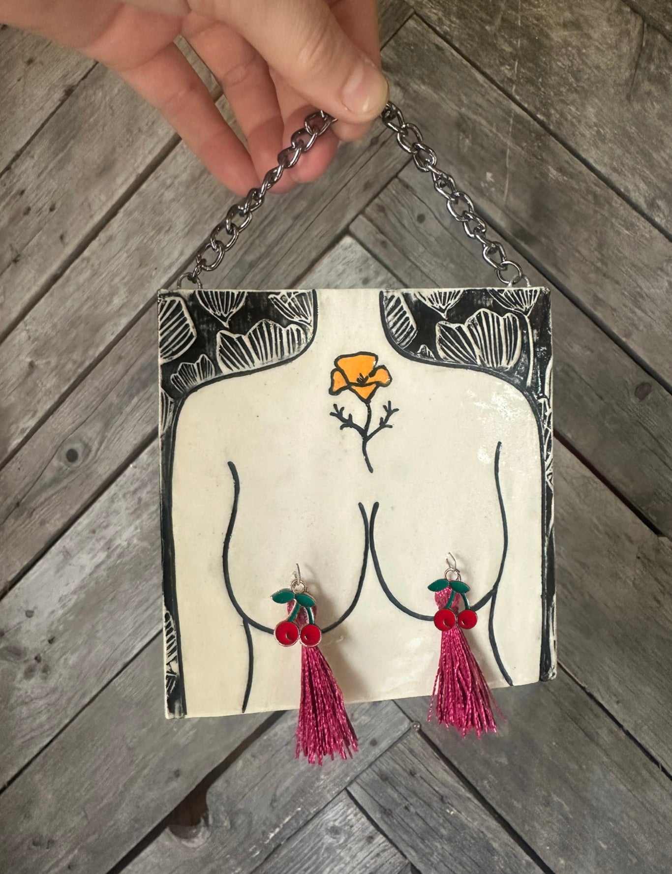 Boob Wall Art | White/black w/ poppy 4.5”