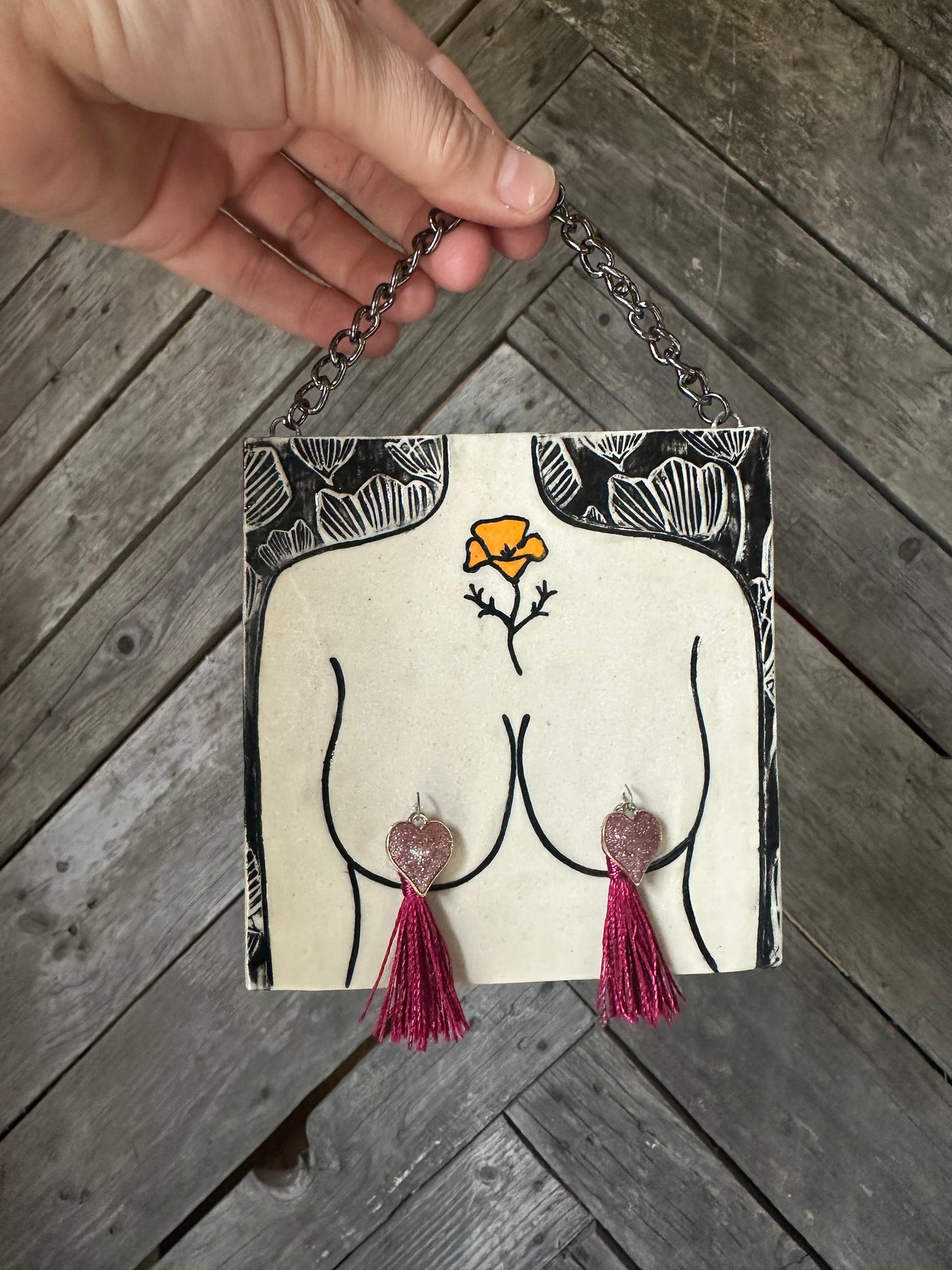 Boob Wall Art | White/black w/ poppy 4.5”